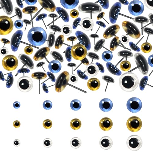 TOAOB 150 Piezas Redondos Ojos de Cristal con Clavo de Metal Tamaño Mixto de Ojos de Seguridad de marrón y azul y Blanco Transparente para Fabricación de Hacer Muñecas
