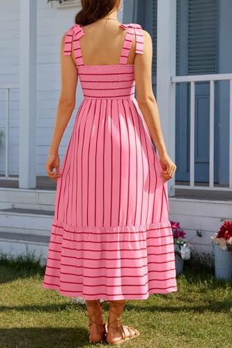 Image of Pinup Fashion Plus Size Summer Sun Smocked Eyelet Tie Straps Midi Dress | Adjustable tie straps, square neck, high waist, flowy tiered A-line, perfect for casual beach, holiday vacation, photoshoot