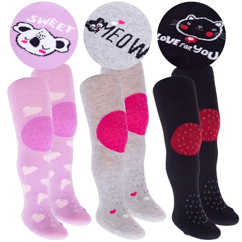CiuchCiuch Pack de 3 medias para gatear – Tres unidades – Triple ABS – Material antideslizante – Para niños – Bebés – Niñas – Niños – 75% Algodón, 22% Poliéster, 3% Elastano, Patrón de niña 2, 80-86