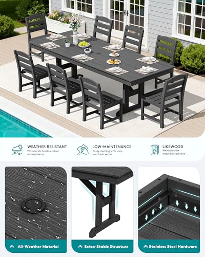Image of SERWALL 9 Piece 84 inch HDPE Outdoor Dining Set for 8 with Armless Chairs and Umbrelle Hole, Black