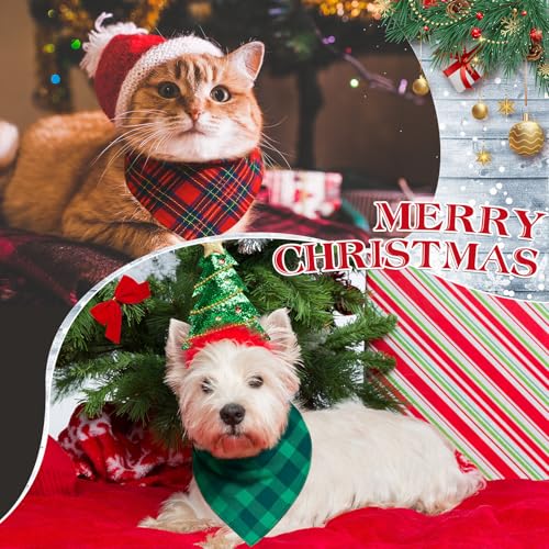 Image of Abbylike 50 Pcs Christmas Plaid Dog Bandanas Bulk, Red and Green Gingham
