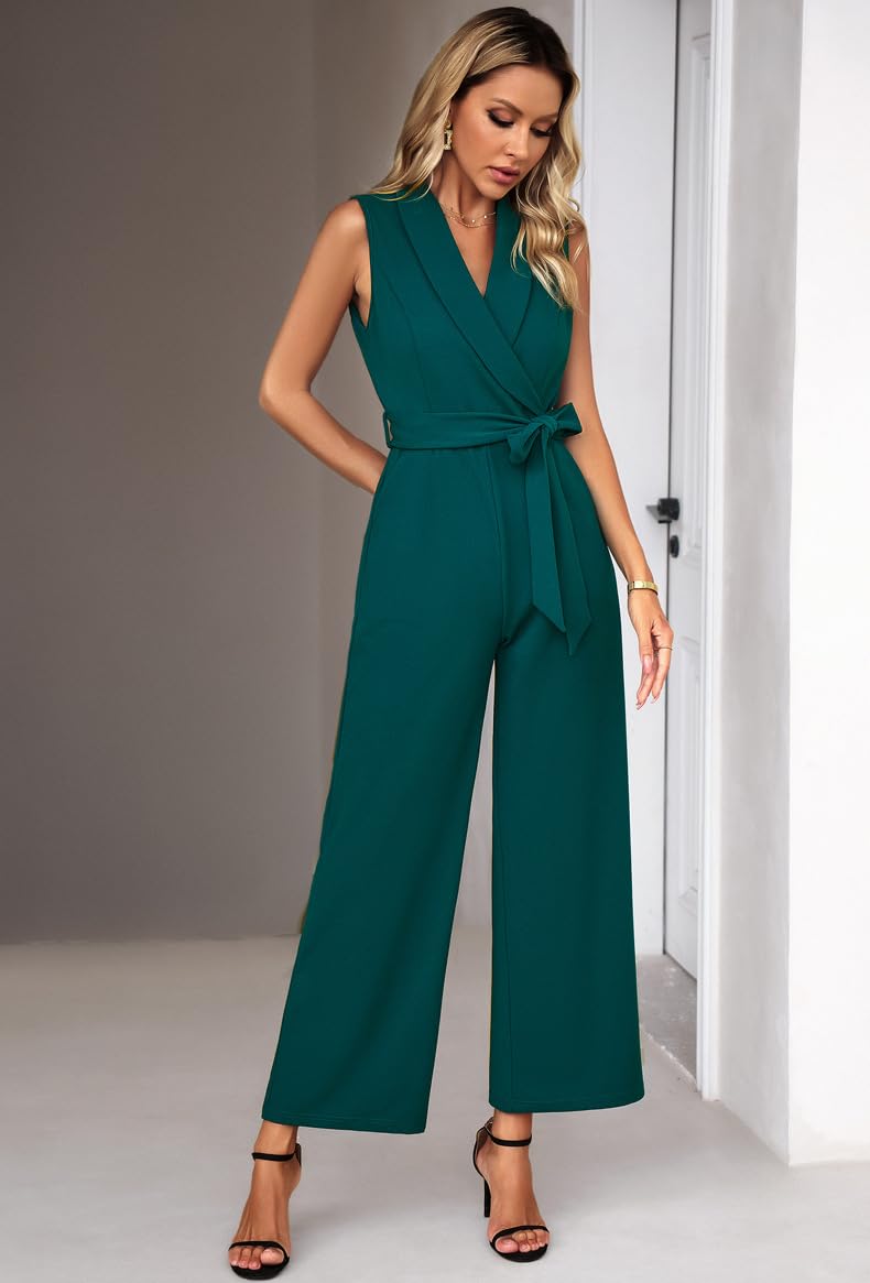 Combishort Femme,Combinaison Ample Sans Manches pour Femme, Tenue Formelle, Noire, Couleur Unie, Tunique À Revers, Ceinture, Pantalon À Jambe Droite, Combinaison Avec Poche, Été, Déco