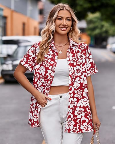 Image of Women Hawaiian Shirt Button Down Summer Tops Beach Short Sleeve Blouse