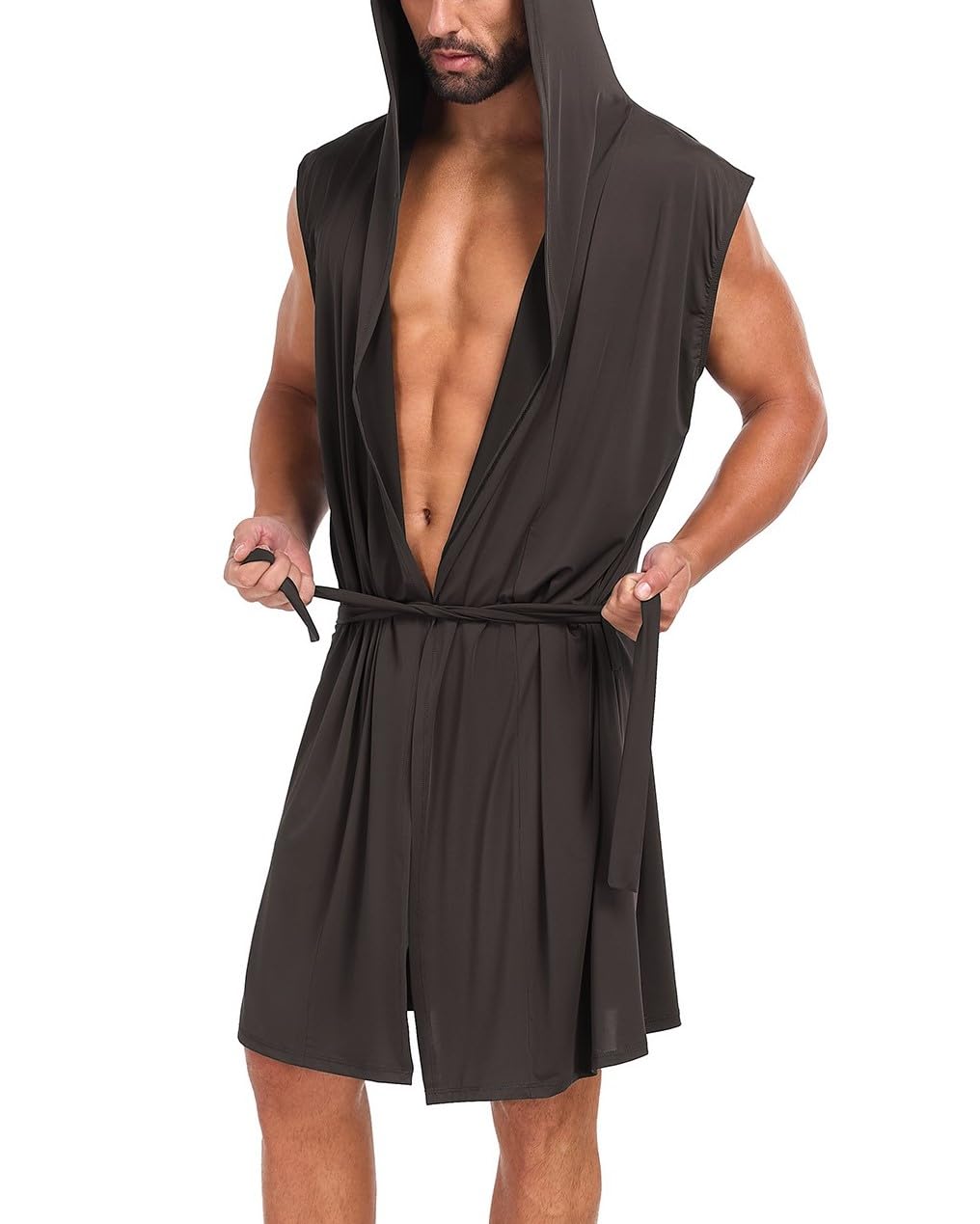 VintageClothing Men's Summer Robe with Hooded Lightweight Bathrobe House Kimono Sleeveless Sexy Sleepwear Pajamas