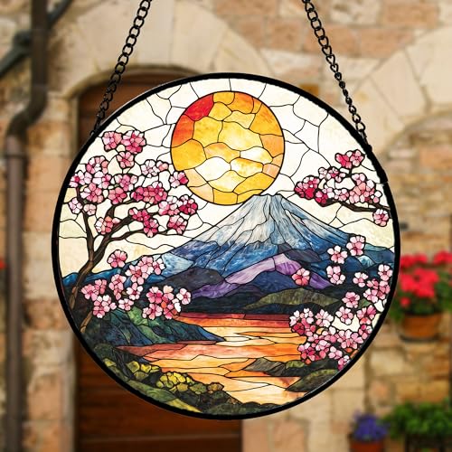 Image of DASTOLL Stained Glass Window Hanging, Sun Blooming Cherry Blossoms Suncatcher Diamond Glass Panel Sun Catchers Decor for Birthday for Women, Men, Wife, Aunt, and Mom 6.3 in