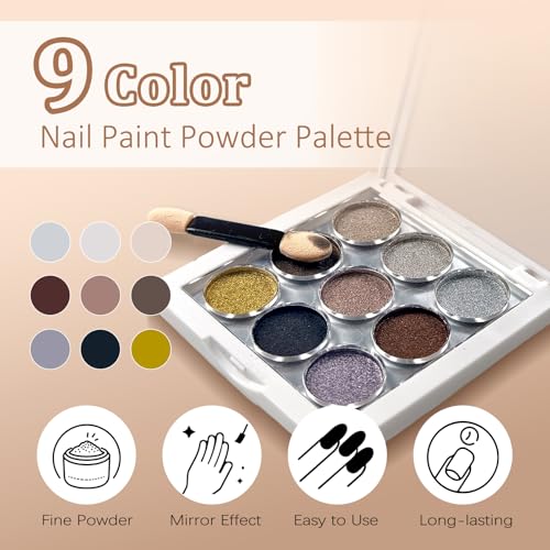 Image of 9 Colors Chrome Nail Powder Palette, Black Gold Brown Silver Metallic Mirror Holographic Chrome Powder for Nails, Fine Glitter Nail Art Decoration for Home DIY Salon Manicure Pigment, D