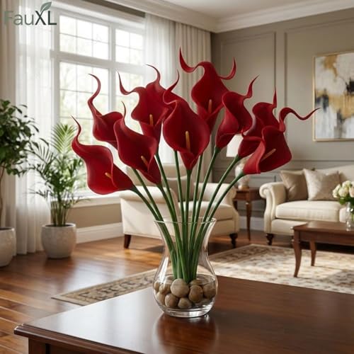 Image of 10 Pcs Artificial Calla Lily Flowers Bunch for Vase and Flower Pots- Premium Real-Look Faux Lily Stems for Home Decor, Living Room, Bedroom, Office Decoration (Vase not Included) (Red)
