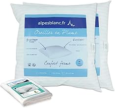Alpes Blanc - Pack 4 pièces : 2 Oreillers Naturels en Plume + 2 sous taies Coton - Fabrication Française – Anallergique – Confort Moelleux