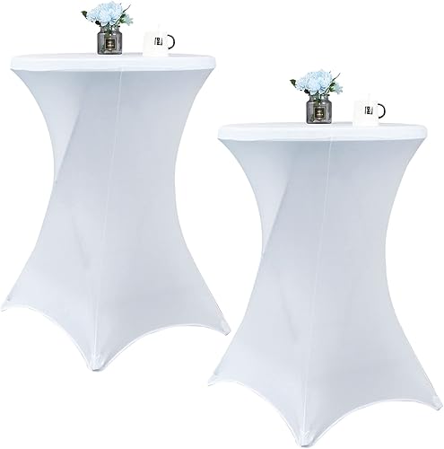 Paquete de 2 manteles de cóctel de 32 x 43 pulgadas, color blanco, de elastano, redondos, ajustables, para bodas, banquetes, eventos, fiestas