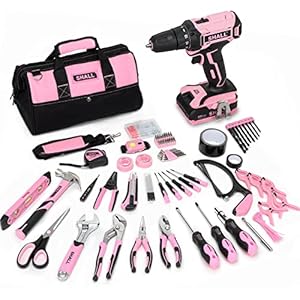 SHALL 247Pcs 20V Cordless Drill Driver & Household Tool Kit for Women, Pink Electric Power Drill Screwdriver and Home Hand Tool Set with 14” Storage Tool Bag for DIY, Home Repair/Maintenance