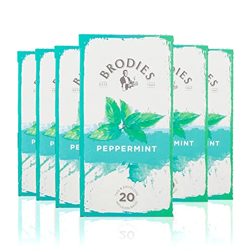 Brodies Peppermint Tag and Envelope - 6 Tea Boxes of 20 Tea Bags each (Total 120 Tea Bags) - Infusion of refreshing and stimulating bright green cut Leaves. Caffeine Free