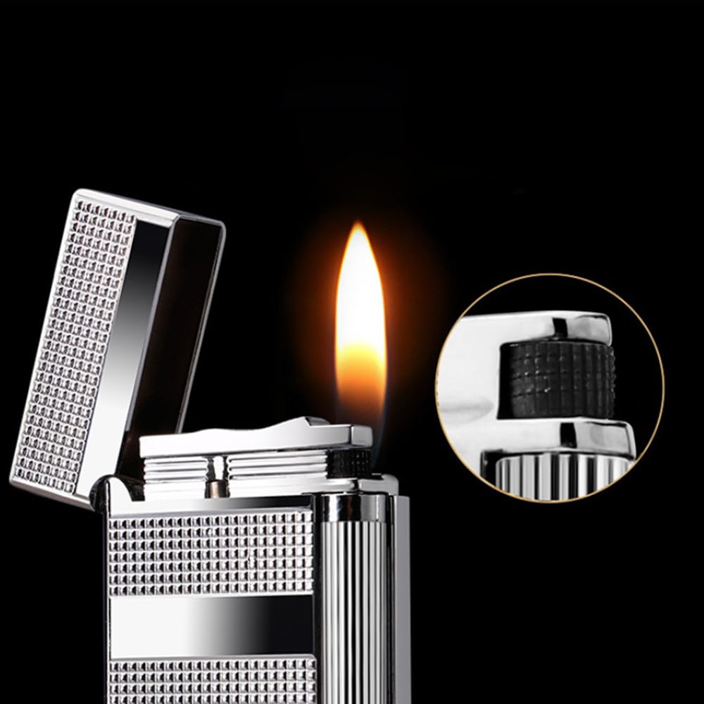 Briquet à silex au butane (sans butane) en métal de luxe, motif texturé, finition chromée argentée