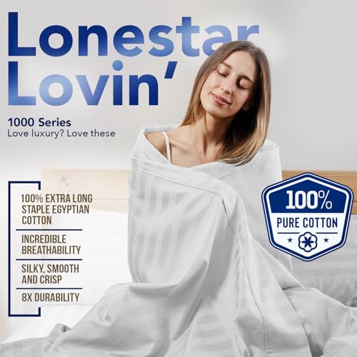 Image of TEXAS LINEN CO. 100% Egyptian Cotton Sheets Queen Size - Luxury 1000 Series Lonestar Lovin' Damask Bed Sheets Queen Size Set (4 PC, White Stripe), Cooling, 16 inch Deep Pocket, Sateen Weave Hotel Sheets