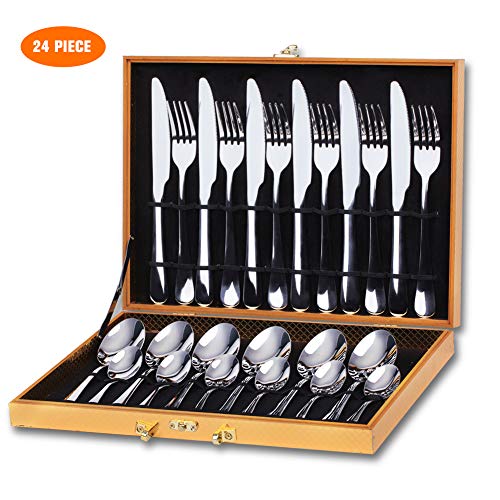 Silverware Cutlery Set for 6 Stainless Steel with Portable Storage Wooden Box, Remoloof