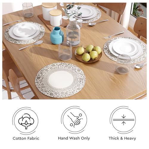 Image of Dining Table Mats Set of 6 | Cotton Table Mat 32 cm Diameter, Encasa XO Washable Round Table Mats, Heat Resistance Dining Table Placemats, Handmade Ribbed Style for Centre Table, Printed Grey