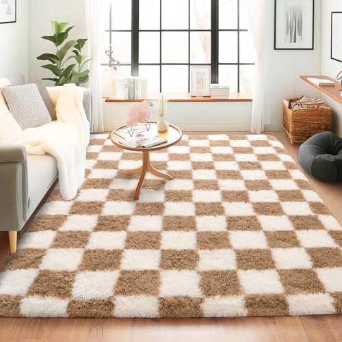 Quntue Rugs for Bedroom, 4x6 Fluffy Fuzzy Shag Checkered Area Rug for Living Room, Modern Plush Soft Upgrade Non-Slip Carpet for Kids Girls and Boys...