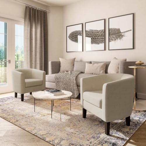 Image of BELLEZE Accent Barrel Chair, Set of 2 Linen Round Club Tub Sofa Corner Chair with Flared Legs and Cozy Soft Padding for Living Room Bedroom Waiting Room - Beige