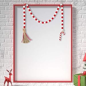 Chuangdi christmas wooden bead garland wreath with tassels 39 ines decorated with candy canes wood bead garland for christmas tree tiered tray decor home farmhouse wall hanging ornamentsred white  urban country home decor