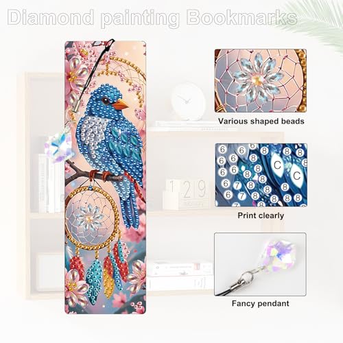 Image of 4 Pcs DIY 5D Diamond Painting Bookmark Kits for Adults, Acrylic Crystal Rhinestones Book Marks, Dreamcatcher Bluebird Diamond Art Bookmarks with Crystal Pendant, Handmade Tassel Bookmarks Gift Set