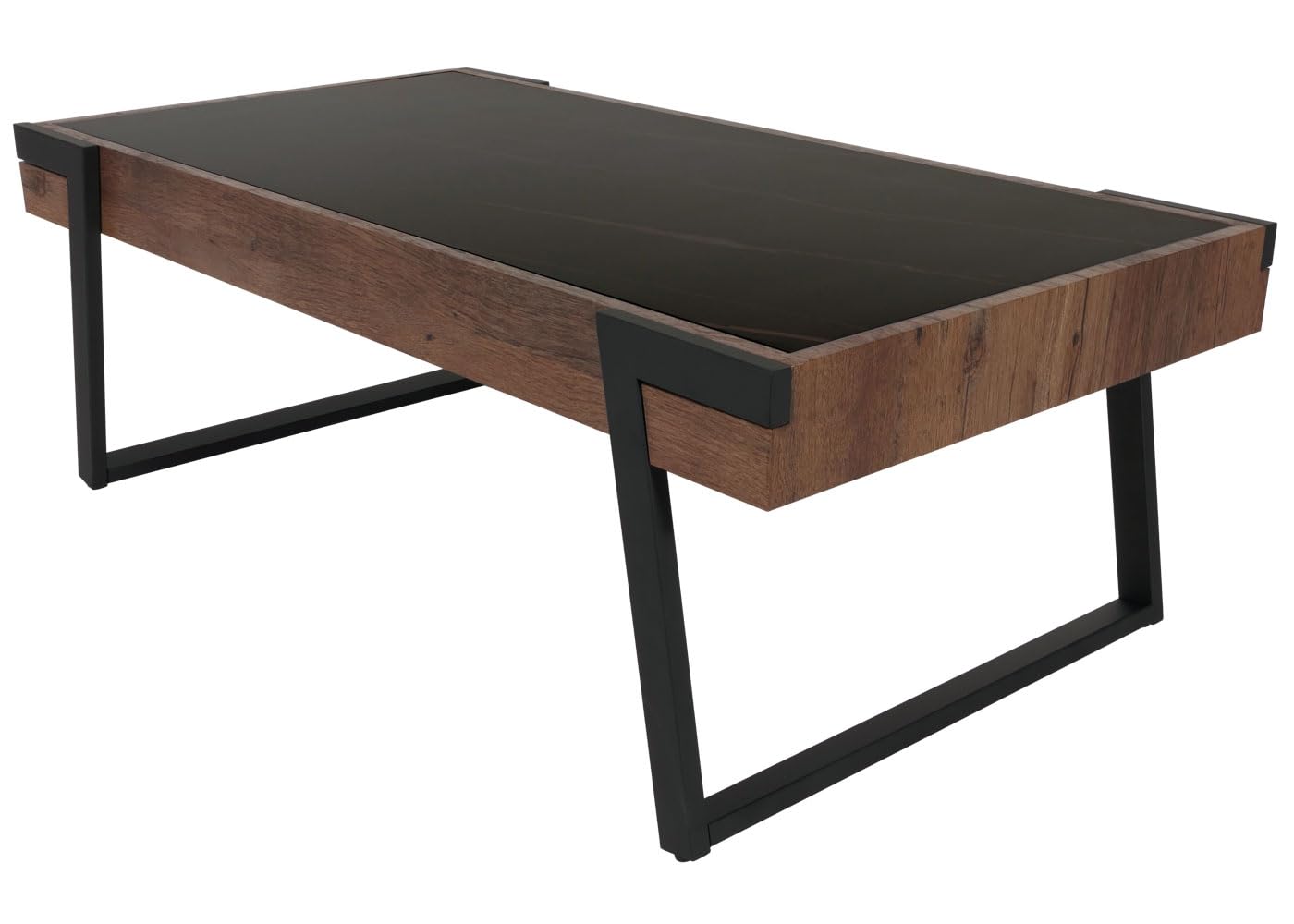 Stolik kawowy do salonu sofa HWC-L89 43 x 120 x 64 cm spiekany kamień MDF czarne nogi ciemne drewno wygląd marmuru brązowy