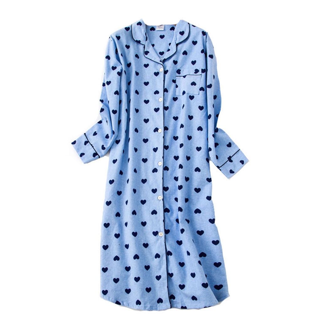 Dsjj Women's Blue Nightshirt Long Sleeve Cotton Sleep Shirt Button Down Nightdress Sleepwear Pajama (,M)