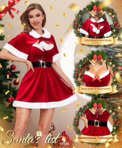 RSLOVE Weihnachten Kostüm Damen Weihnachtsoutfit - Weihnachts Dessous Kleid Sexy Santa Babydoll Outfit mit Cape – Bild 3