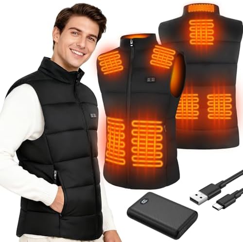 Deepoter Heated Vest for Men, 7.4V Heated Jacket with 8 Heating Zones, 3 level Temperature Control with 10000mAh Battery