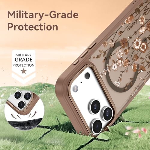 Image of DOMAVER for iPhone 17 Pro Max Case, Magnetic Phone Case for iPhone 17 Pro Max [Compatible with MagSafe] Slim Fit Flowers Floral Design Shockproof Protective Bumper Women Men Girls Boys Cover- Brown