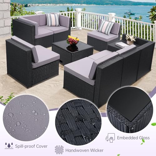 Image of KROFEM 8 Piece Patio Furniture Set, Outdoor Modular Conversation Set, Grey | UV Treated Wickers, Machine Washable Cushions, Seats 6, 2 Hidden Storage Compartments, Rustproof Frame, Waterproof