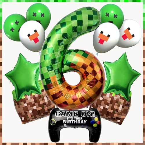 40 Inch Green Number 6 Foil Balloons Set 12Pcs Large Foil Metallic Balloons Video Game Themed Party Decorations for Kids 6th Birthday Anniversary Party Supplies