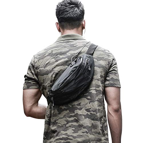 Large Black Waist Bag Fanny Pack for Men Waterproof Women Belt Bag Pouch Hip Bum Bag Chest Sling Bag with Headphone Jack, Premium Lightweight Fanny Pack for Sport Gym Workout Travel Work Commuting