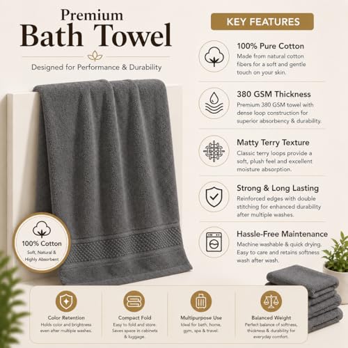 Image of 100% Pure Cotton Bath Towel for Men & Women | 380 GSM Ultra Soft, Highly Absorbent & Quick Dry Bath Towel | Large 55 x 28 Inch Matty Terry Towel for Bathroom, Gym, Travel & Daily Use | Charcoal Grey