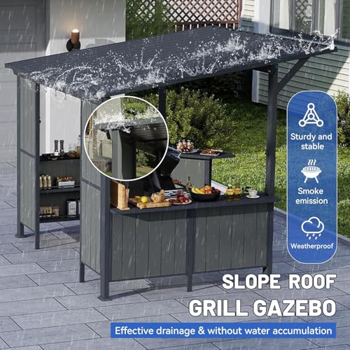 Image of 9x10FT Hardtop Grill Gazebo, Lean to Outdoor BBQ Shelter with Galvanized Steel Slanted Roof, Permanent Metal Grilling Station with Storage Shelves & Bar Platform for Patio (Gray, 9X10FT)