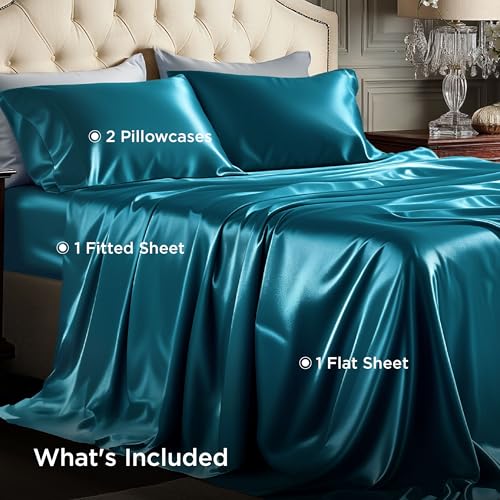 Image of Bedsure Teal Satin Sheets Queen Size, Soft Silky Bedsheets for Hair & Skin | Similar to Silk Bed Sheets Set 4 Piece with 15 Inches Deep Pocket Fitted Sheet,1 Flat Sheet, 2 Satin Pillowcases