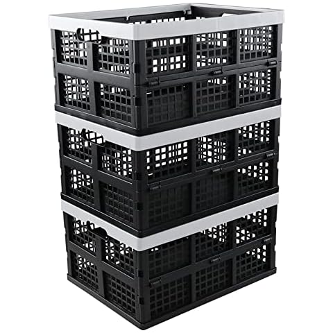 Vareone 3 Packs Plastic Collapsible Storage Crate, Stackable Folding Basket Bin, 30 L Cover