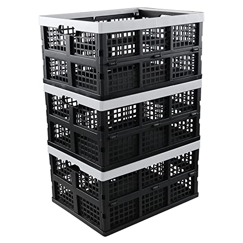 Vareone Pack of 3 Plastic Folding Storage Crate Box, 30Lt Foldable Crate Basket