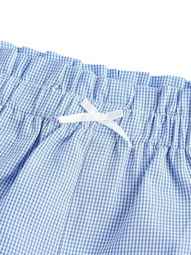 Verdusa Bermuda feminina de pijama Gingham com babados e cintura alta e laço, Azul, P