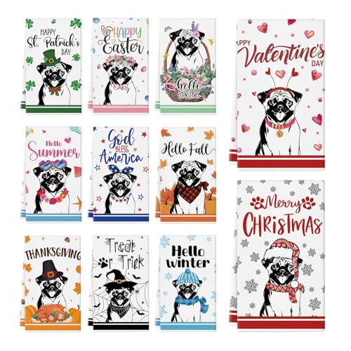 QIONG MENG 11 Pcs Pug Kitchen Towels 14x21 Inch Puppy Dog Dish Towels Seasonal Christmas Holiday Hand Towels for Home Kitchen Bathroom Decoration