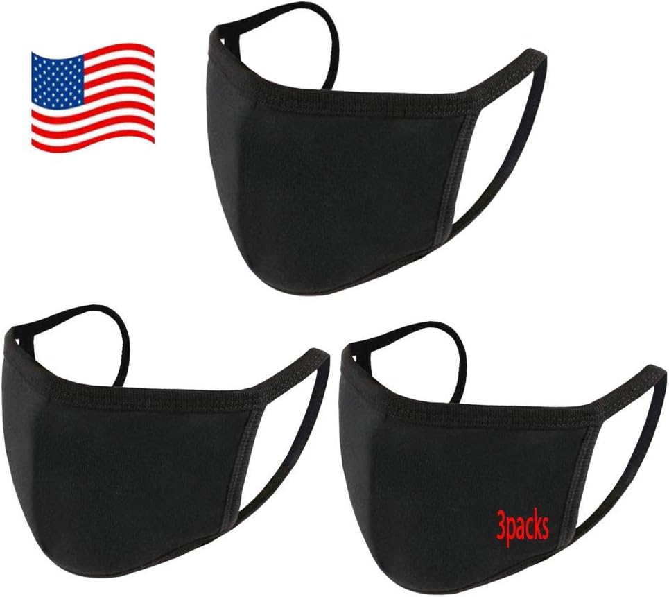 Fashion Black Face Mask Cloth Cover With Filter Pocket,Breathable Thin Reusable washable Made in USA (Pack of 3)…