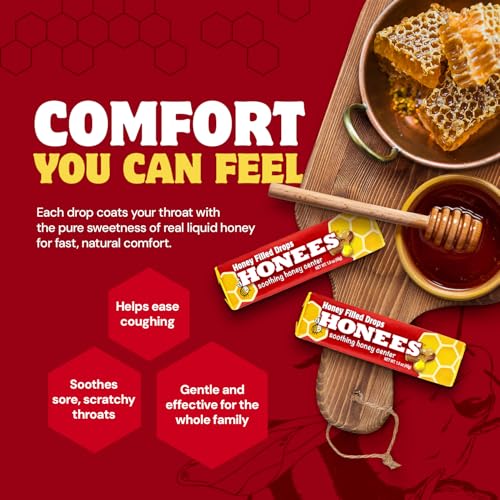 Honees Honey Filled Drops, Honey Cough Drops with Real Honey-Natural Sore Throat Relief-Nothing Artificial-Throat Coat Lozenges, Natural Cough Suppressant, Non-GMO (24 Pack – 216 Drops) - image 7