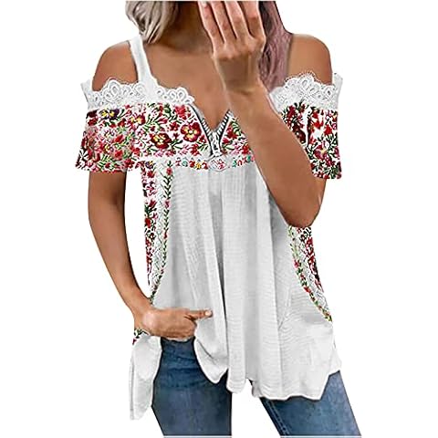 WANGXIYAN Summer Women Cold Shoulder Tops Fashion Sexy Loose Fit Short Sleeve Zipper Printing Strapless Long Tunic Blouse White,Large Cover