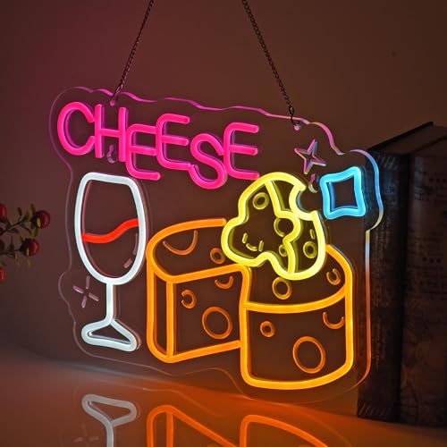 Image of Cheese Neon Sign, Neon Lights Hanging Wall Art Decoration for Store Retail Shop Market Mall Grocery Bakeries Cafe Celebration Home Decor, USB Powered Ultra Bright Dimmable, 15.75x11.8inches