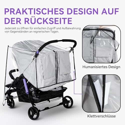 bemece Universal Regenschutz für Zwillingwagen, Regenschutz Geschwisterwagen für Zwillinge Kinderwagen Buggy, Regenfest Staubdicht Winddicht für Outdoor-Baby Schutz - Linke Rechte