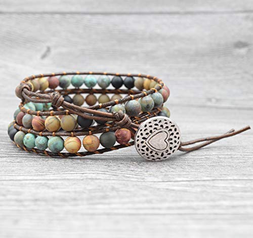 Izpack Fashion Love Heart Beaded Leather 3 Wrap Bracelets For Women Teen Girls Handmade Boho Natural Stone Ball Beads Wrist Bracelet Nice Gifts New Adjustable #TOP5