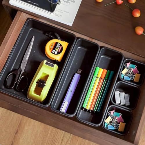 Image of UCRAVO Drawers Organisers Set - 8PCS Black Plastic Drawer Divider Organizer for Desk, Makeup, Jewelry & Kitchen Storage Bins, Drawer Organization for Bathroom, Bedroom & Office