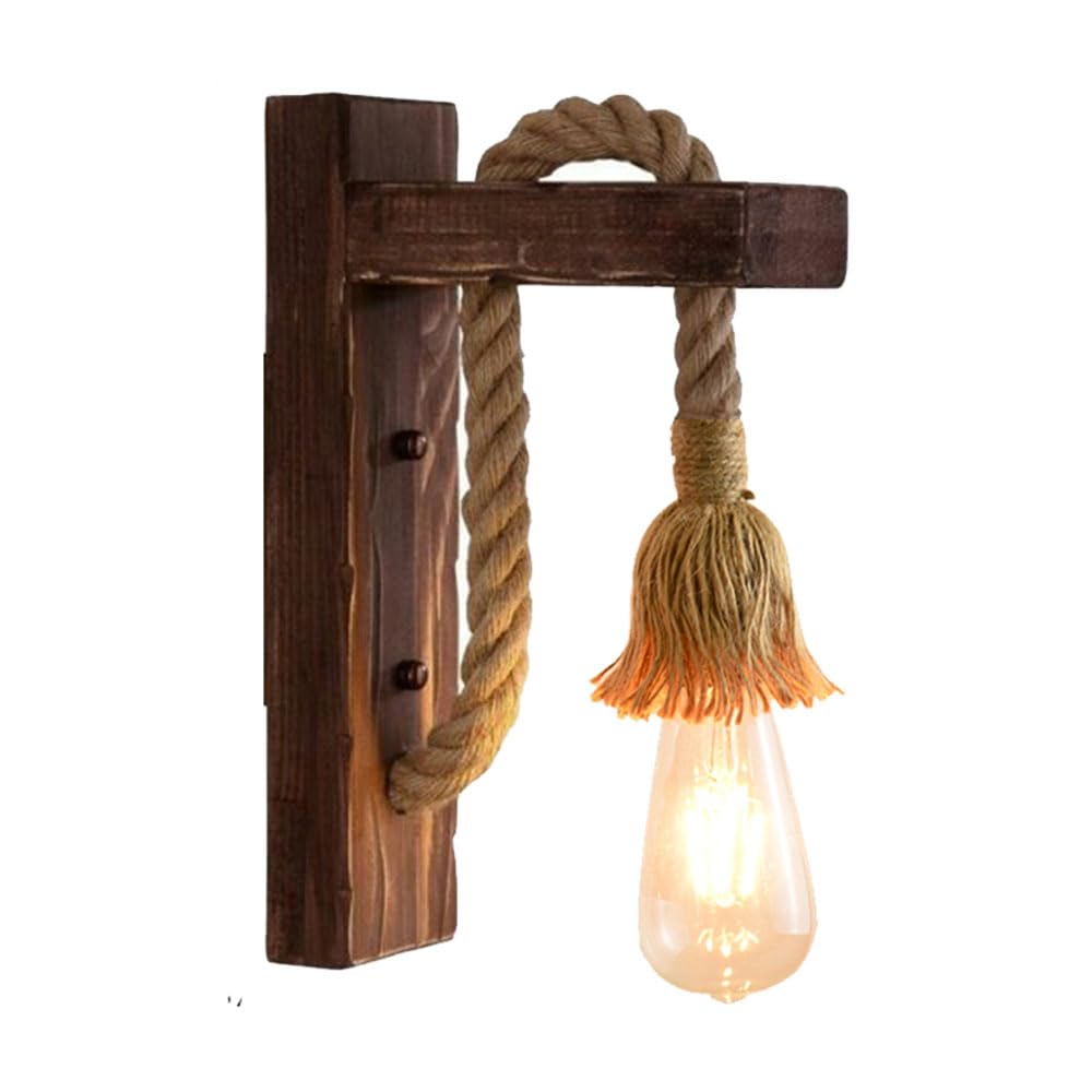 Mengjay E27 Creativa Lámpara de Pared Viento Industriales Madera Apliques de Pared de Cuerda de Cáñamo Dormitorio Iluminación de Pared Retro Mesilla Luces de Pared Sala de Estar Estudio (B)