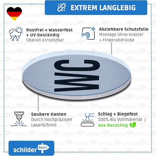 SCHILDERBOXX® WC Schild Selbstklebend - Toilettenschild [Ø75mm, 100% Alu, 3M Tape] – Türschild Toilette Aufkleber Tür, Gäste WC-Schilder, Toilettenschilder