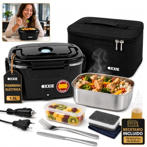 OXXIE Fiambrera Eléctrica 100W 1,5L con Acero Inoxidable 304, Calentador de Comida Portátil para Trabajo, Coche y Camión, 12V/24V/220V, Tupper Eléctrico con Bolsa y Accesorios