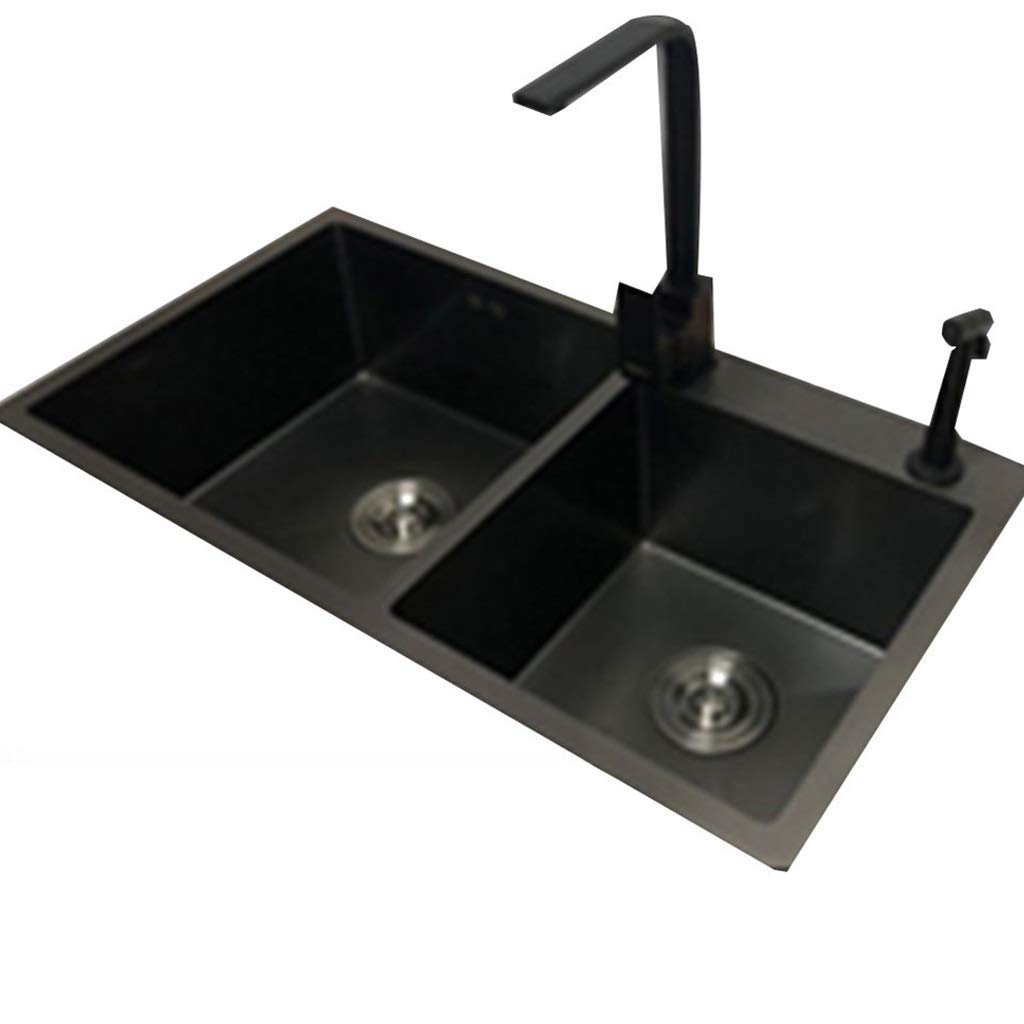 ZQFHSX Kitchen Fixtures Stainless Steel Sink Black Household Double Basin Cleaning Pool Telescopic High Pressure Spray Gun (Color : Black, Size 78 * 43cm)