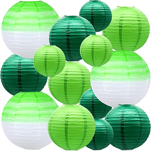 14 Pcs Paper Lanterns, Gradient Colorful Green Round Paper Lanterns Decorative Lantern Lamps, Hanging Paper Lanterns Chinese Tissue Paper Lanterns Indoor Room & Outdoor Party Supplies Decoration #TOP7
